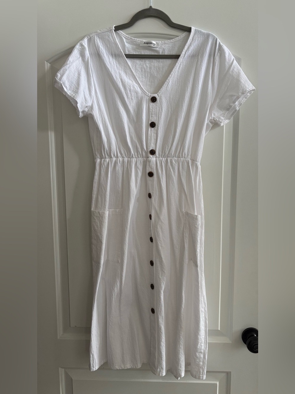 White V-Neck Button-Front Midi Dress with Pockets